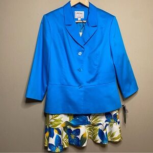 Le Suit Skirt Set Size 12 Blue Floral Tropical 3 Button Wedding Church New